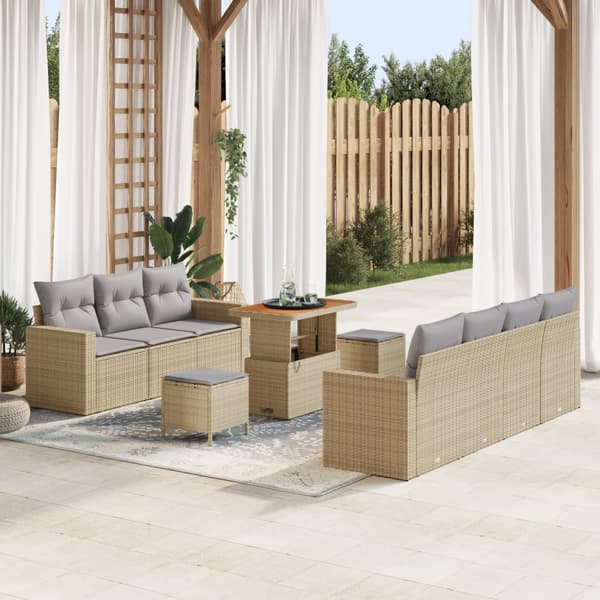 10-delat trädgårdsoff set med kuddar beige poly rotting akacia