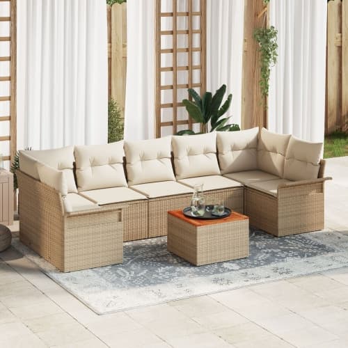 8-delad Trädgårdsoffa med Kuddar Beige Poly Rattan Akacia
