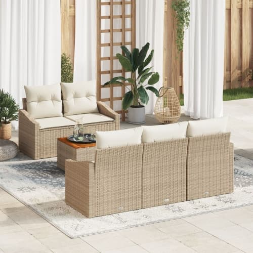 6-delat trädgårdsofabord med kuddar Beige Poly Rattan Akacia