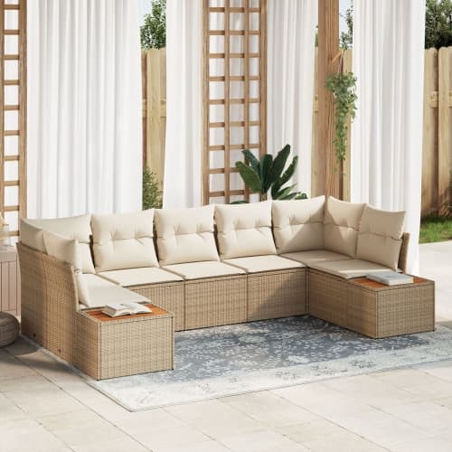 7 Delar Trädgårdsoffa Set med Kuddar Beige Poly Rattan Akacia