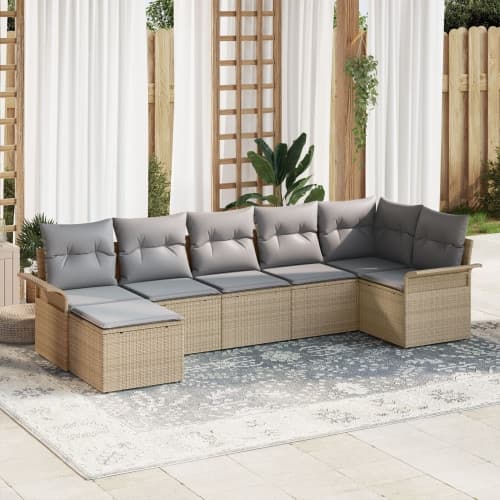 7-delad trädgårdsoff-set med kuddar beige poly rattan