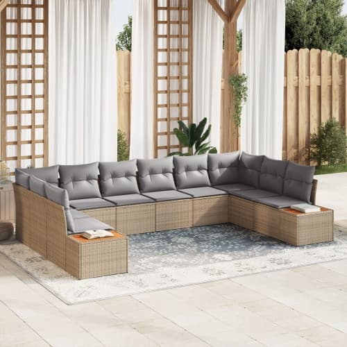 10 Delar Trädgårdsoffaset med Kuddar Beige Poly Rattan Akacia