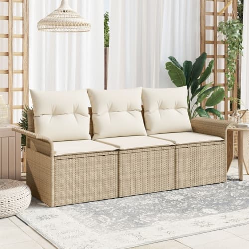 3-delad Trädgårdsoffagrupp med Kuddar Beige Poly Rattan