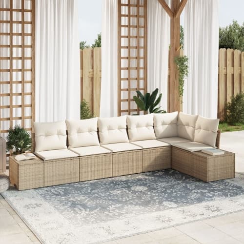 6 Delars Trädgårdsoffa Set med Kuddar Beige Poly Rattan