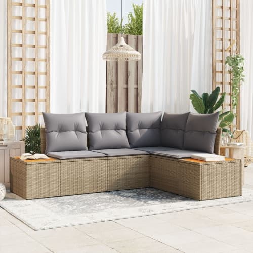 4 Delar Trädgårdsoff Set med Kuddar Beige Poly Rottning Akacia