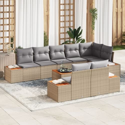 9-delars trädgårdsoffset med kuddar - beige poly rattan och akacia
