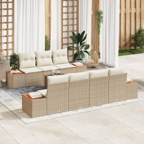 8-delad trädgårdsoffgrupp med kuddar beige poly rattan akaciaträ