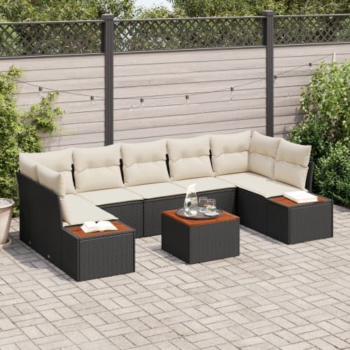 8-delad trädgårdsofa set med kuddar svart poly rattan akacia
