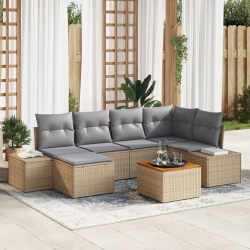 7-delars trädgårdssoffa med kuddar Beige Poly Rattan Akacia