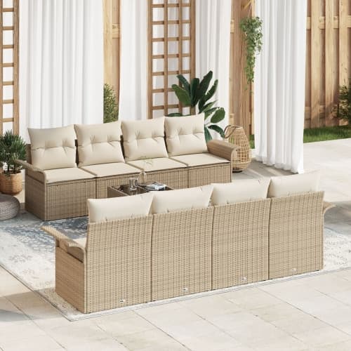 9-delad Trädgårdsoffagrupp med kuddar Beige Poly Rattan