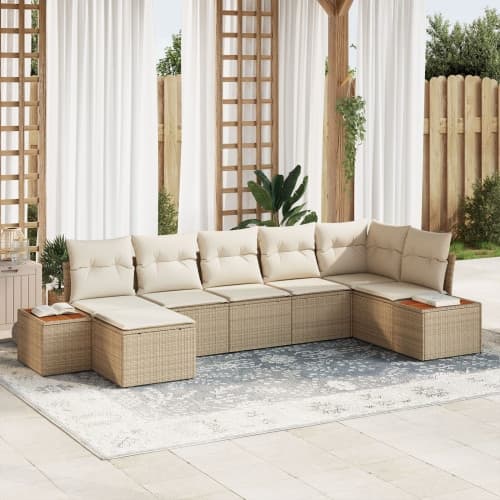 7-delat trädgårdsoffaset med kuddar beige poly rattan akacia