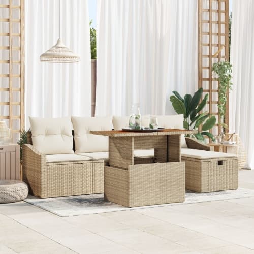 6-delars Trädgårdsoff-set med Kuddar Beige Poly Rattan