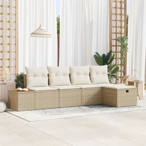 5-delat Trädgårdsoffmöbel Set med Kuddar Beige Poly Rattan