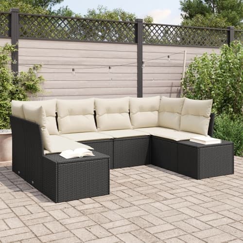6 Delars Utesoffa Set med Kuddar Svart Poly Rattan