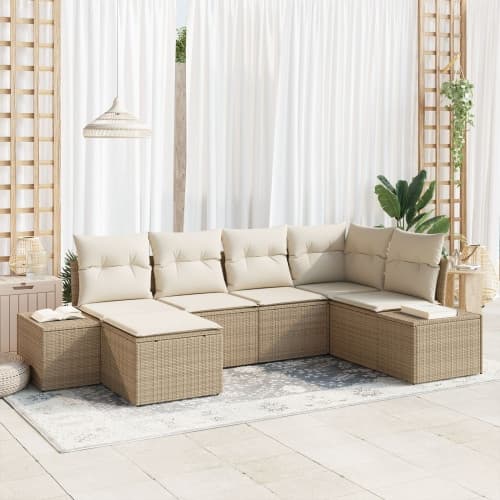 6-delat trädgårdsoffaset med kuddar beige poly rotting