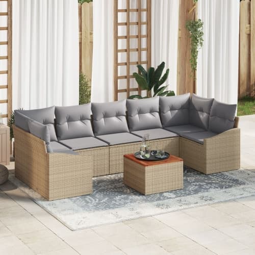 8-delat trädgårdsoff-set med kuddar beige poly rattan akaciaträ