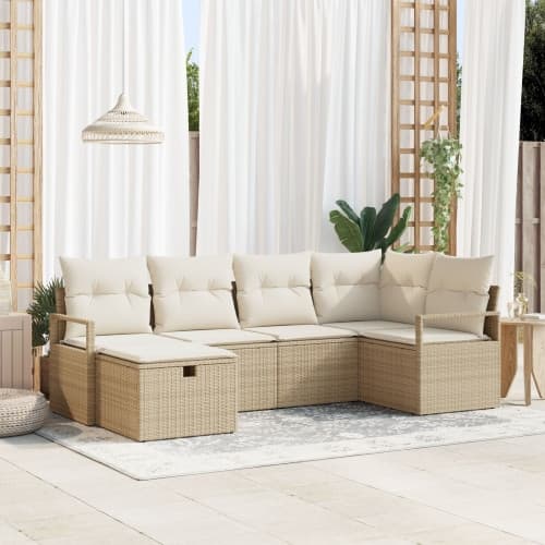 6-delat trädgårdsoffaset med kuddar Beige Poly Rattan, vidaXL 2-sits trädgårdsoffa med förvaring och kuddar Beige Poly Rattan