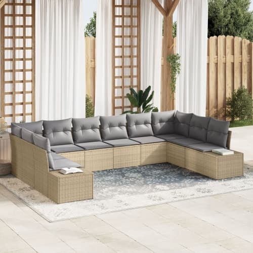 10 Delar Trädgårdsoffaset med kuddar Beige Poly Rattan