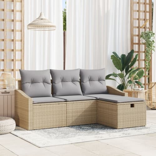 4-delars trädgårdsoffset med kuddar Beige Poly Rattan