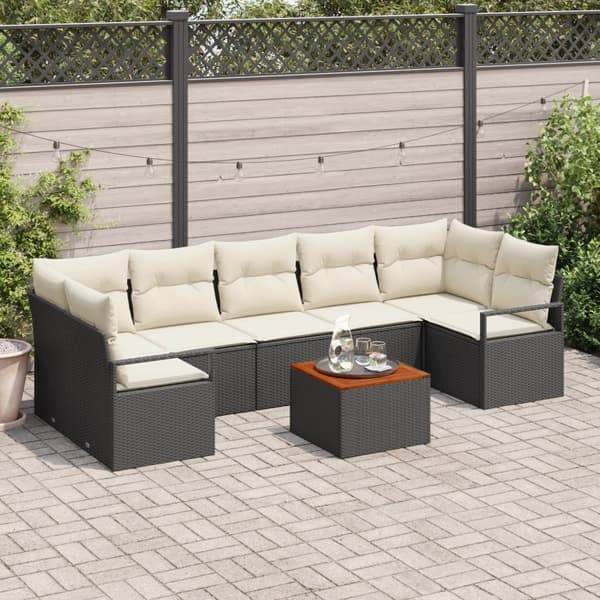 8 Bitars Trädgårdsssofa Set med Kuddar Svart Poly Rattan Akaci