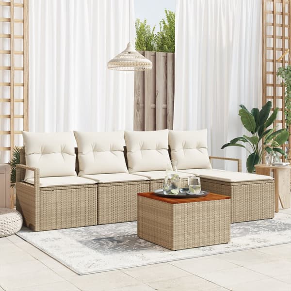 6-delat trädgårdsoffaset med kuddar beige poly rattan akacia