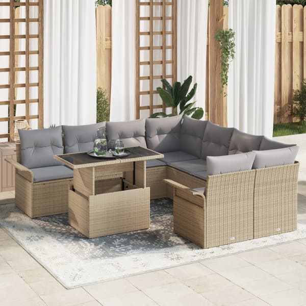 9 Delars Trädgårdsoffagrupp med Kuddar Beige Poly Rattan