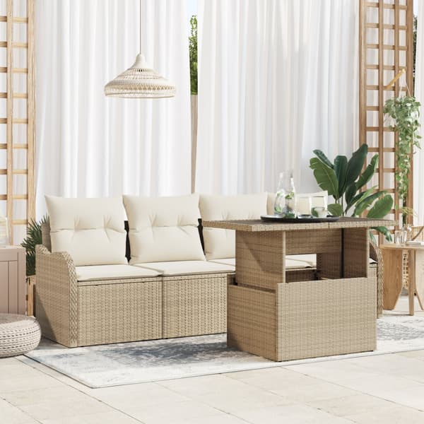 5-delad trädgårdsoffasats med kuddar beige poly-rotting