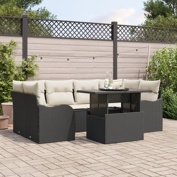 7 Delad Trädgårdsoffセット med kuddar Svart Poly Rattan