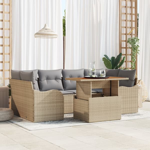 7 Delar Trädgårdsoffaset med Kuddar Beige Poly Rottning Akacia