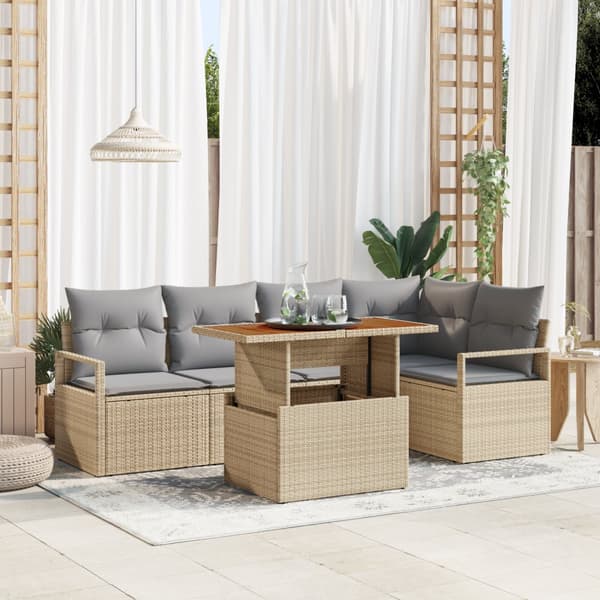 6-delars Trädgårdssoffa Set med kuddar Beige Poly Rattan Akacia