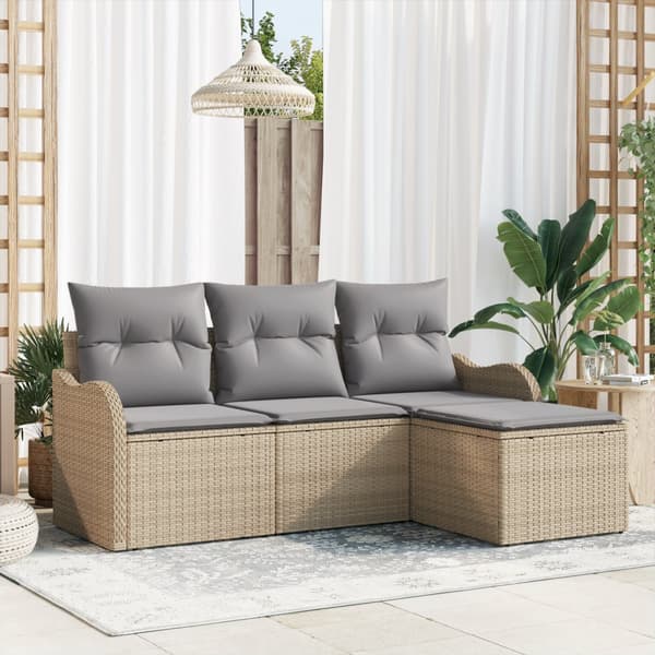 4-delat trädgårdsoffaset med kuddar beige poly rattan
