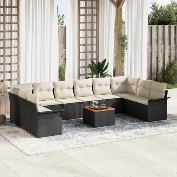 11-delat Trädgårdssoffset med dynor Svart Poly Rattan Acacia