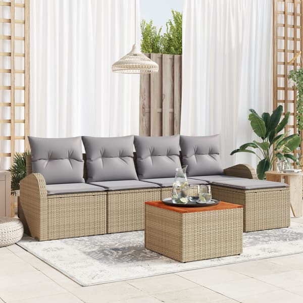 6-delars Trädgårdssoffset med Kuddar Beige Poly Rattan Akacia
