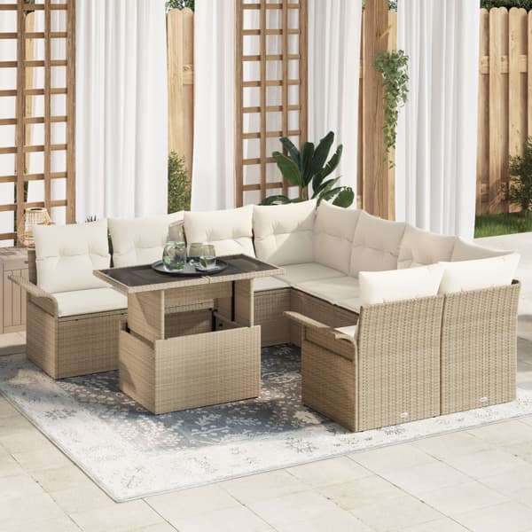 9 Delar Trädgårdsoffaset med kuddar beige poly rattan