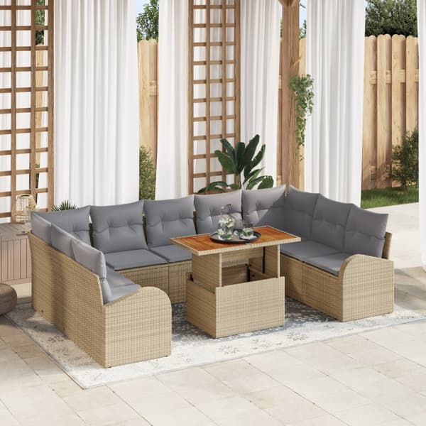 10-delade trädgårdsmöbelset med dynor Beige Poly Rattan