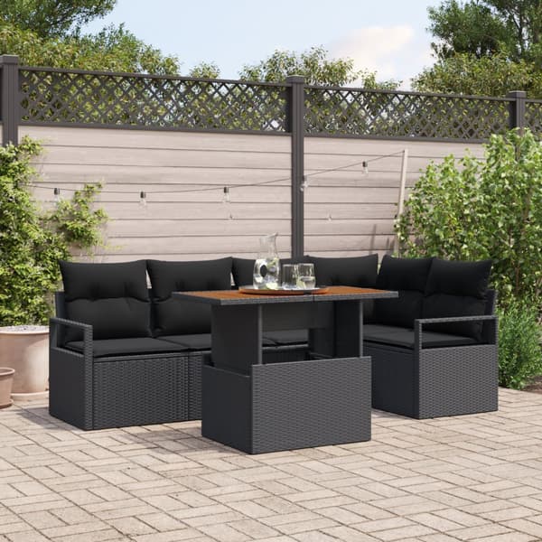 6 Delars Trädgårdsofa Set med Kuddar Svart Poly Rattan