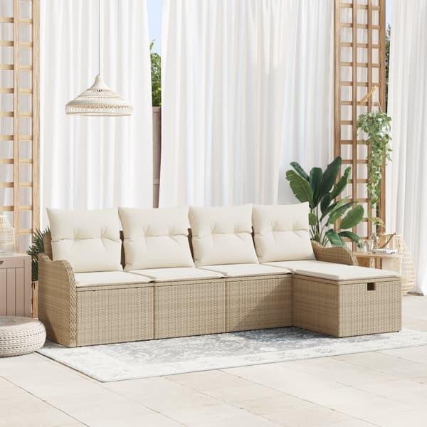 5-delat trädgårdsoffset med dynor beige poly Rattan