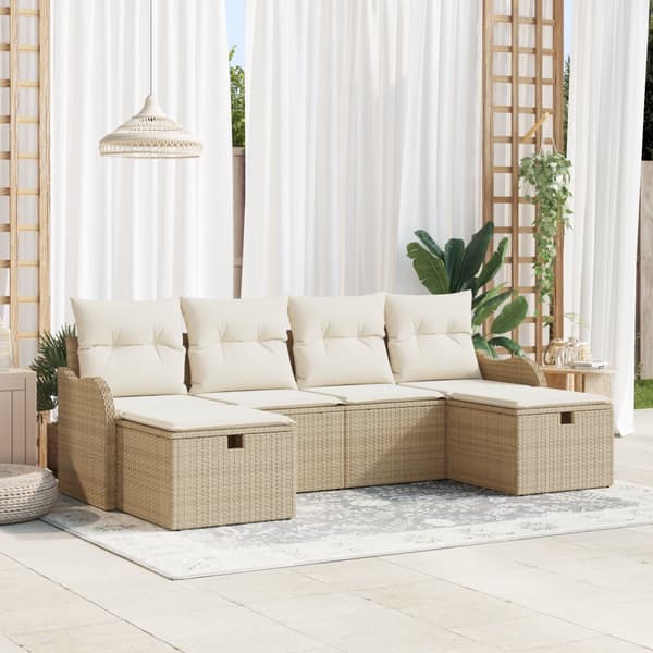 6-delars trädgårdssoffset med kuddar beige poly rotting