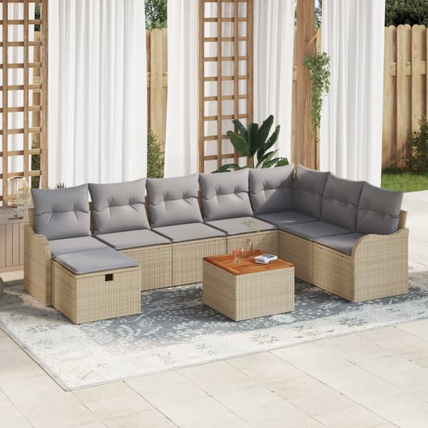 9-delad Trädgårdsoffasett med kuddar Beige Poly Rattan