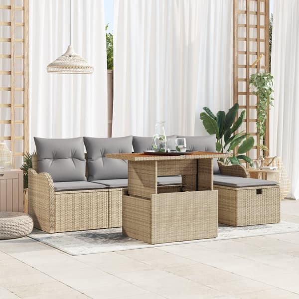 6-delat trädgårdsoffset med kuddar Beige Polyrotting