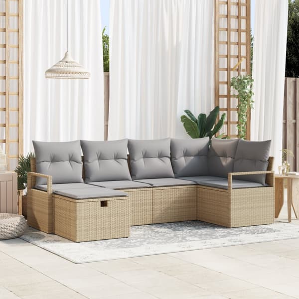 6-delars trädgårdsoffakombination med kuddar beige poly rotting