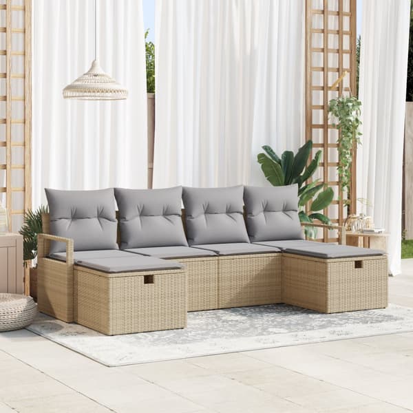 6-delars trädgårdsoffaset med kuddar Beige Poly Rattan