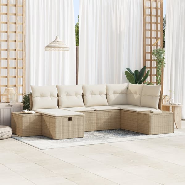 6-delars trädgårdsoffaset med kuddar Beige Poly Rattan