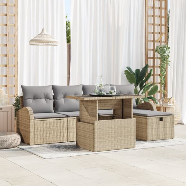 6-delars Trädgårdsooffset med Kuddar Beige Poly Rattan