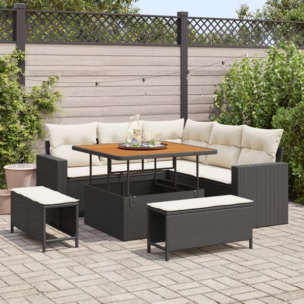 8-delat Trädgårdsofa Set med Kuddar Svart Poly Rattan Akacia