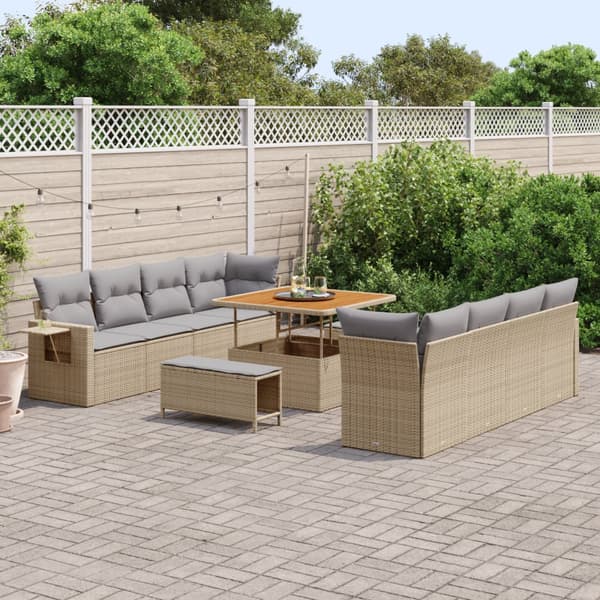 11-delars trädgårdsoffgrupp med kuddar Beige Poly Rattan Akacia