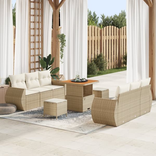 9-delat trädgårdsoffaset med kuddar beige poly rotting akacia
