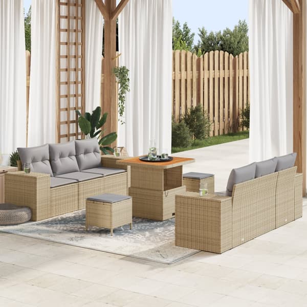 9-delat trädgårdsoffaset med kuddar Beige Poly rotting Akacia