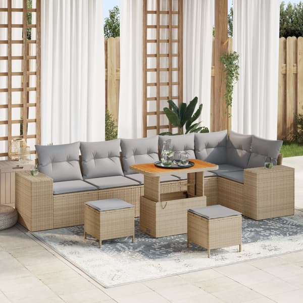 9-delad Trädgårdsoffagrupp med Kuddar Beige Poly Rattan Akacia