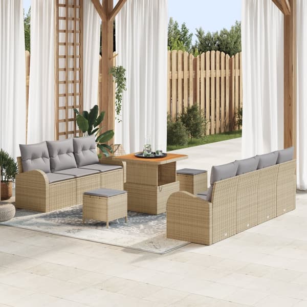 10 Delar Trädgårdsoffset med Kuddar Beige Poly Rotting Akacia